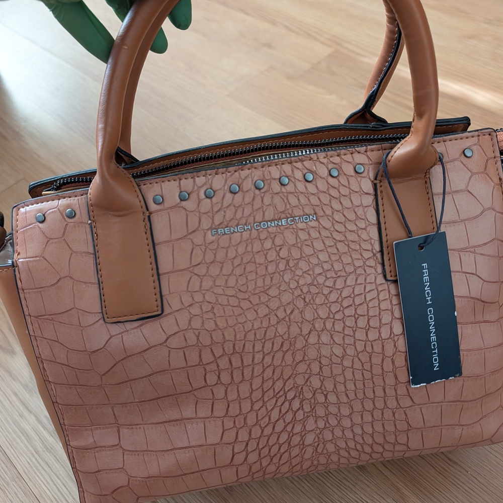 French Connection Blush Peach Croc-Embossed Satchel with Tan Handles